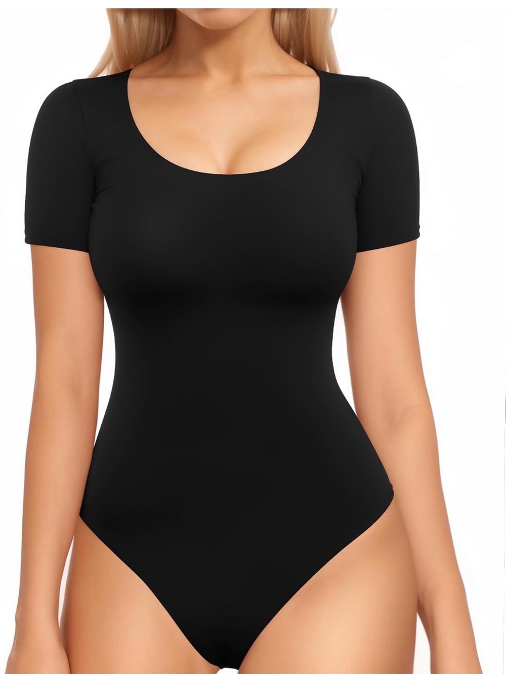 Scoop Neck Short Sleeve Bodysuit - Black